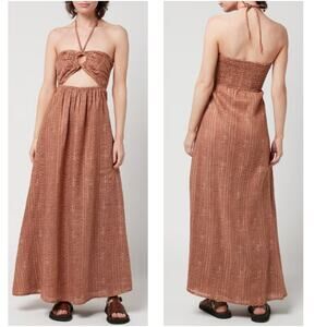 Faithfull the Brand La Costa Halter Smocked Back Linen Print Maxi Dress - US 10